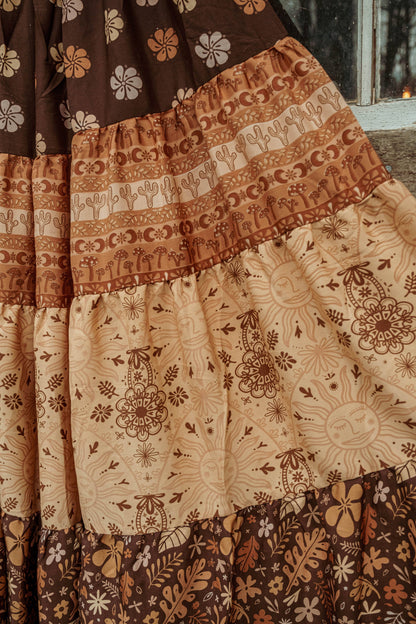Gardenbelle Shop - Bohemian Earthy Print Tiered Maxi Skirt, Hippie Boho Dress