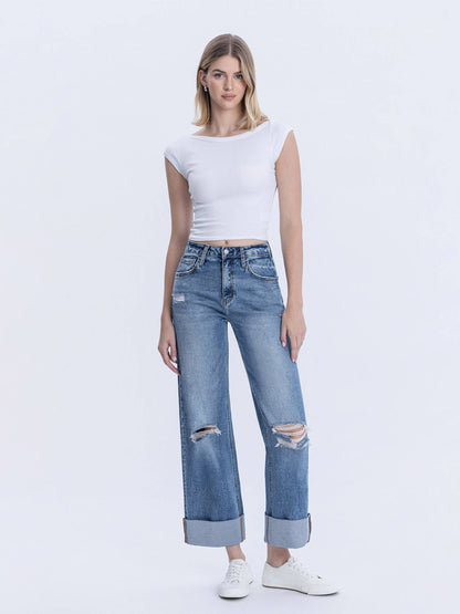 Lovervet by VERVET - SUPER HIGH RISE DOUBLE CUFFED BAGGY WIDE JEANS LV1459