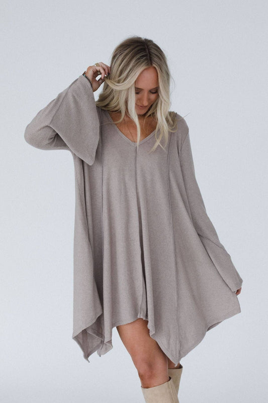 Three Bird Nest - Golden Hour Long Bell Sleeve Tunic Dress - Latte