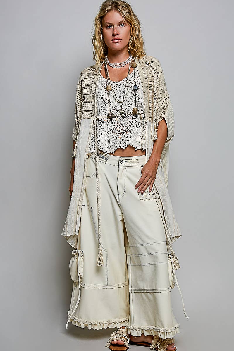 Pol Clothing - Boho Crochet Contrast Sequin Tassel Midi Kimono Fit Cardigan