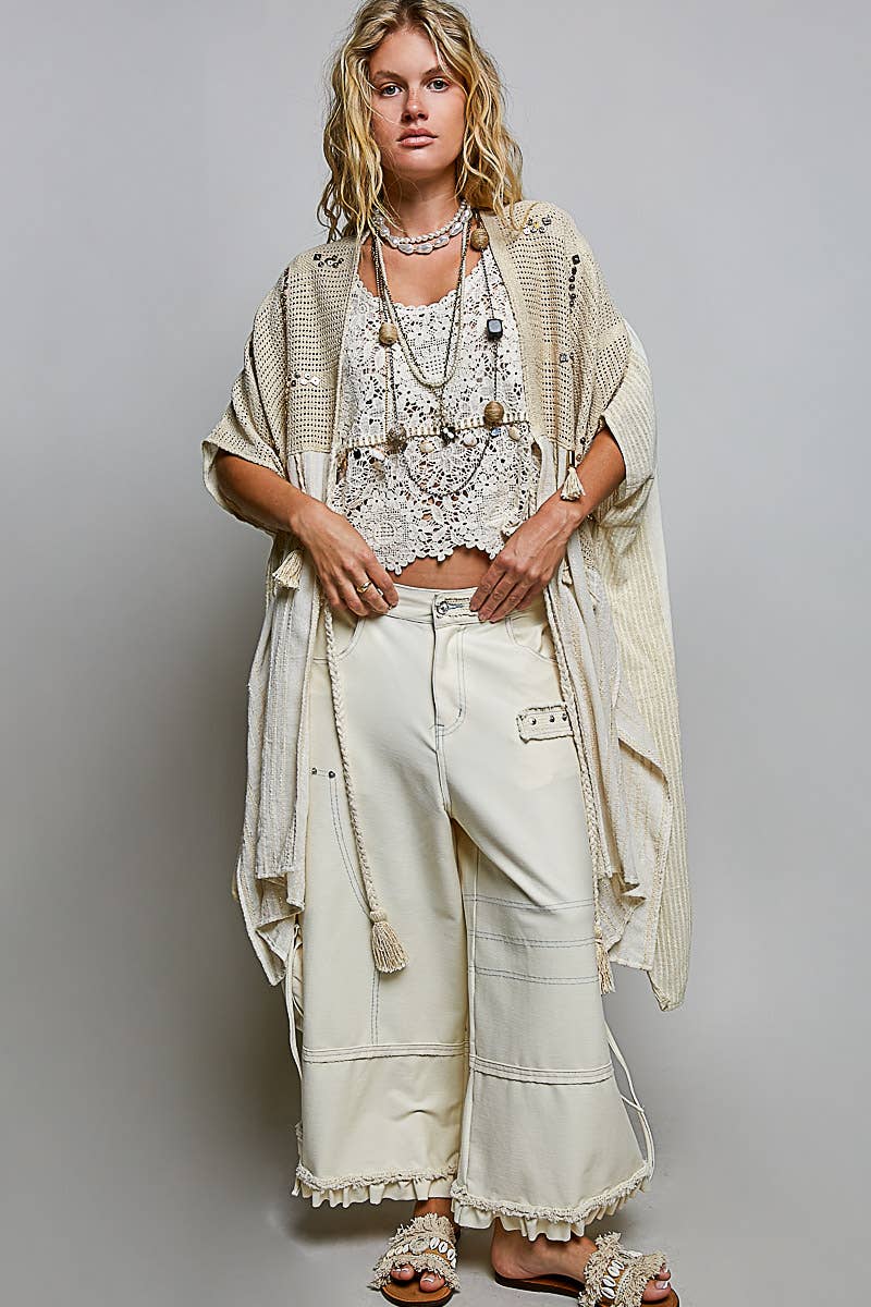 Pol Clothing - Boho Crochet Contrast Sequin Tassel Midi Kimono Fit Cardigan