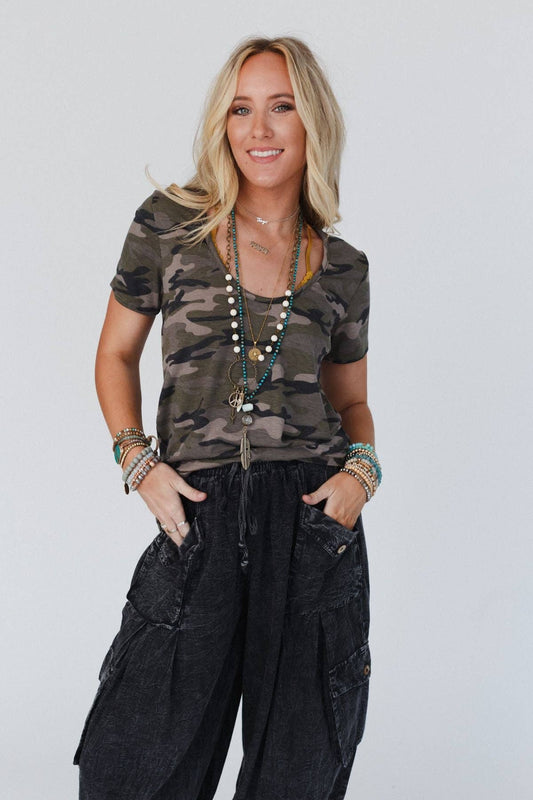 Three Bird Nest - Scoop Neck Bralette Tee - Camo