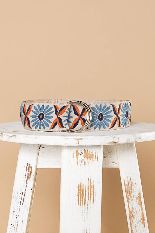 Pol Clothing - Embroidered floral pattern 'O' ring adjustable cloth belt: NATURAL/BLUE / OS